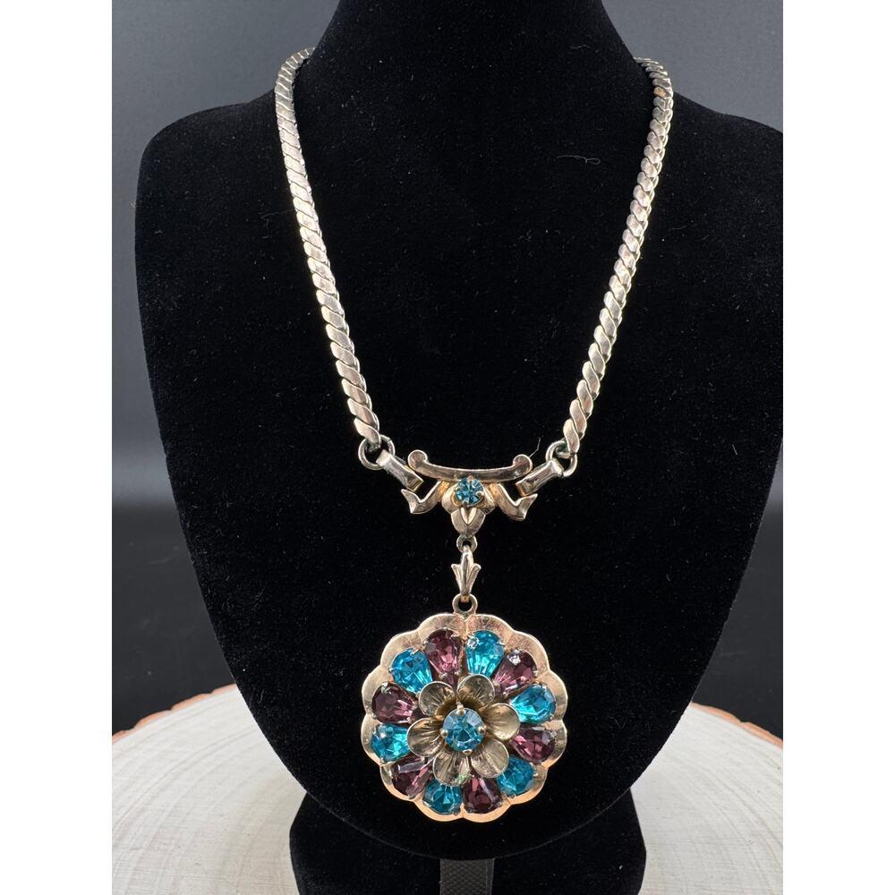 Vintage Barclay Rhinestone 14” Choker Necklace Floral Statement Silver Tone